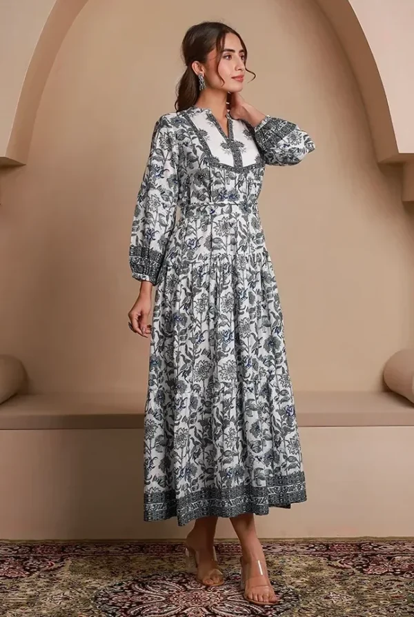 Floral Hand Block Print Tiered Long Dress in Pure cotton