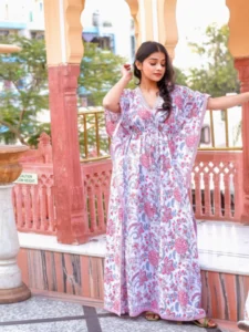 Floral summer pure cotton kaftan dress hand block print