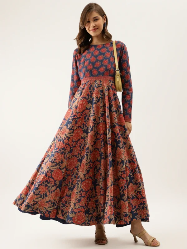 Vintage Rose Floral long Dress-Pure Cotton Fit and Flare Maxi