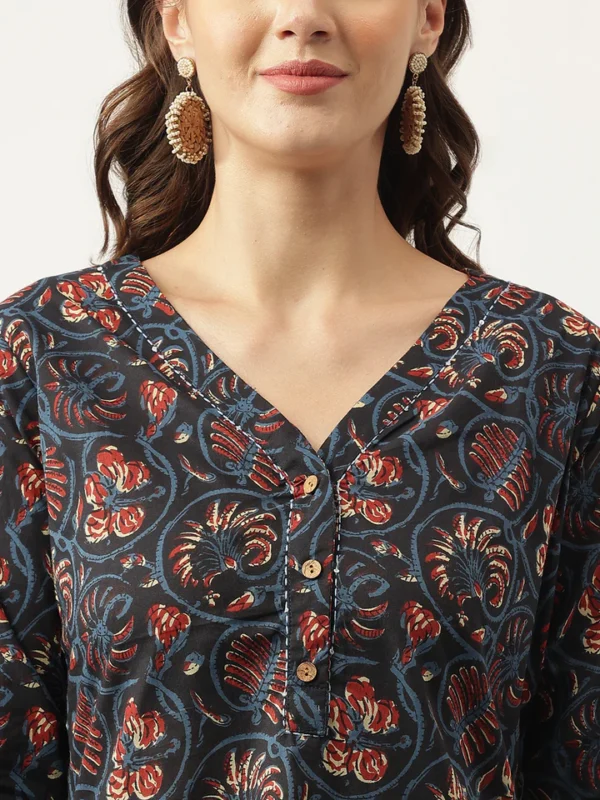 Hand Block Print V-Neck Tunic-100% Cotton Black Floral Top - Image 3