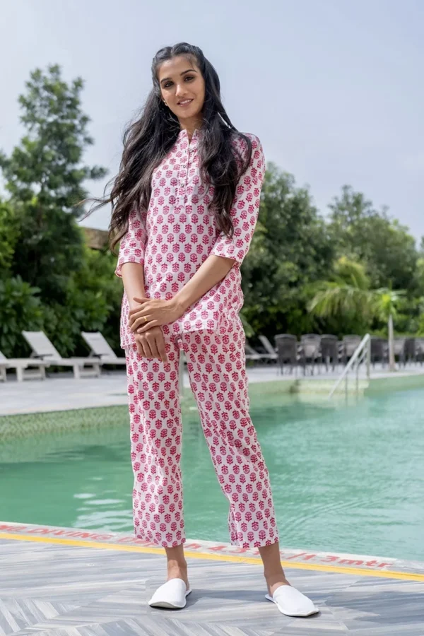 Pink Floral Block Print Pyjama Set- Pure Cotton Tunic-Summer Loungewear