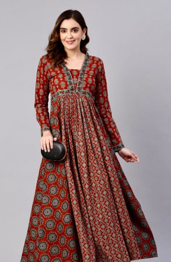 Floral Block Print Pure Cotton Maxi Dress Panelled Anarkali Kurta - Image 9