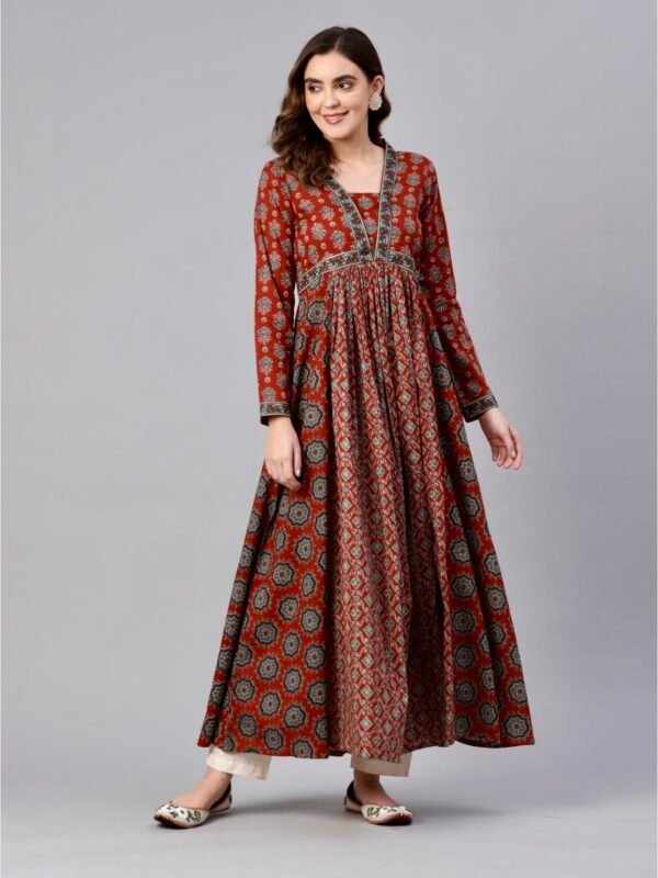 Floral Block Print Pure Cotton Maxi Dress Panelled Anarkali Kurta - Image 2