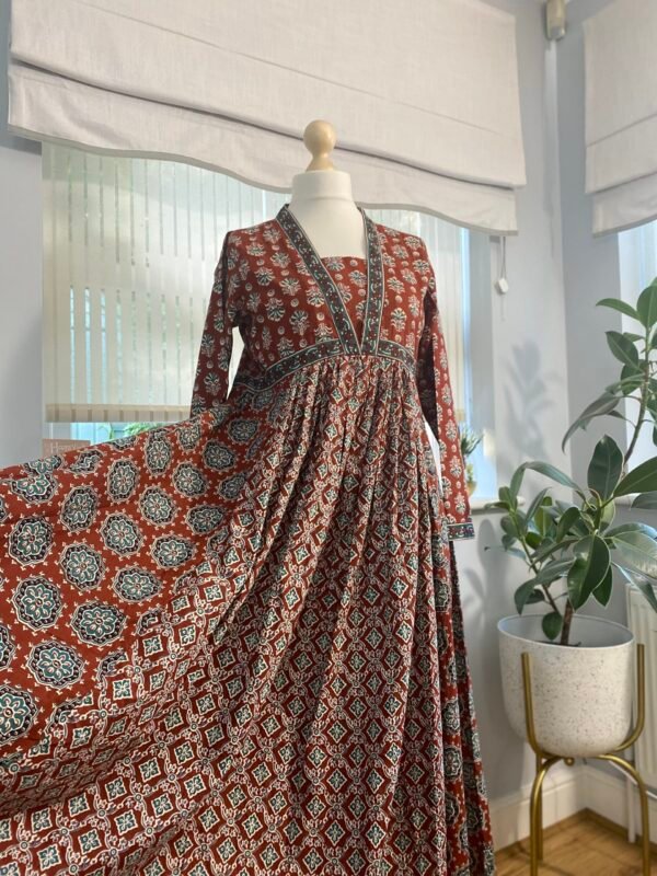 Floral Block Print Pure Cotton Maxi Dress Panelled Anarkali Kurta - Image 4