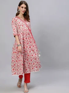 floral hand block print midi dress- angrakha kurta