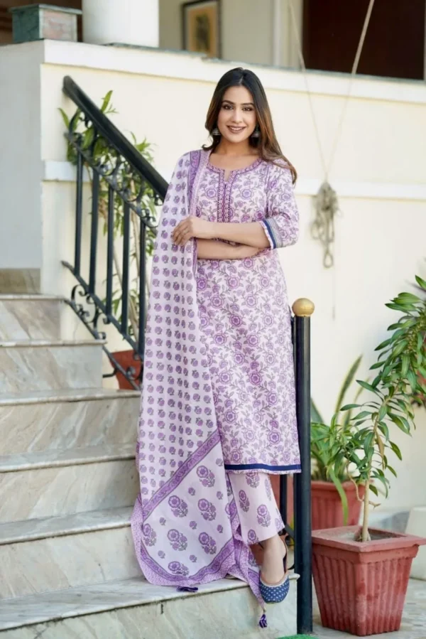 Lilac Straight Kurta Pant Dupatta Set-Floral Zari Embroidered Ethnic Indian women's Suit - Image 6