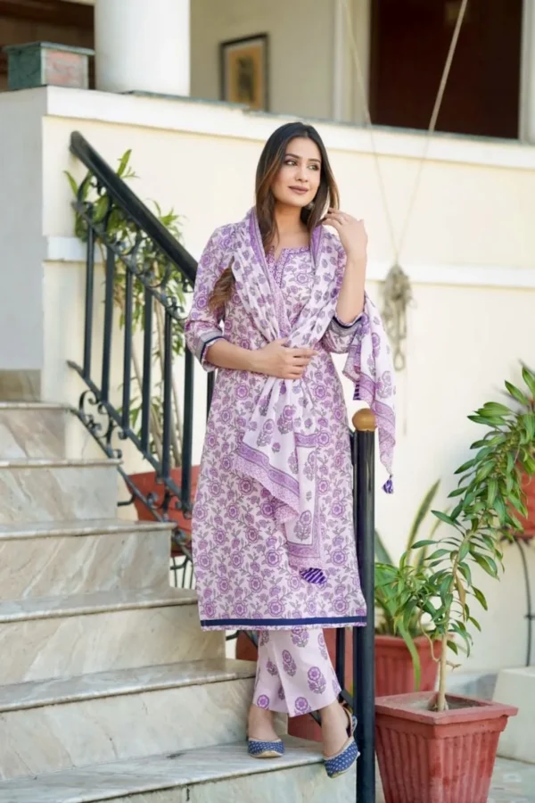 Lilac Straight Kurta Pant Dupatta Set-Floral Zari Embroidered Ethnic Indian women's Suit - Image 4