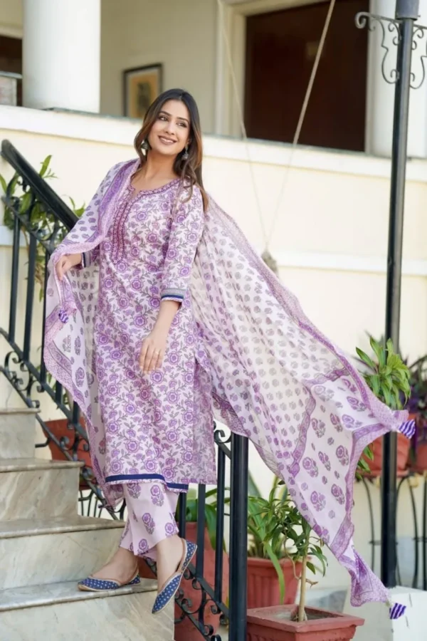 Lilac Straight Kurta Pant Dupatta Set-Floral Zari Embroidered Ethnic Indian women's Suit