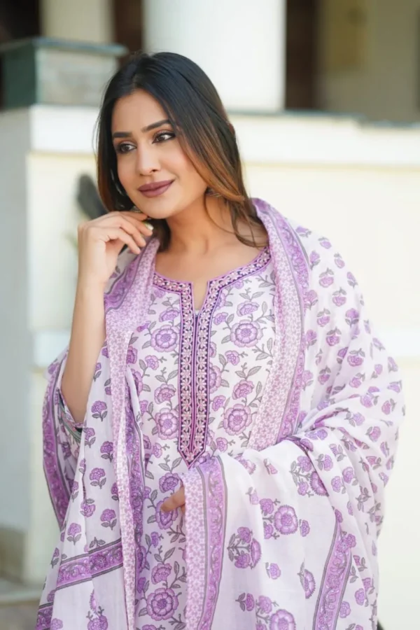 Lilac Straight Kurta Pant Dupatta Set-Floral Zari Embroidered Ethnic Indian women's Suit - Image 2