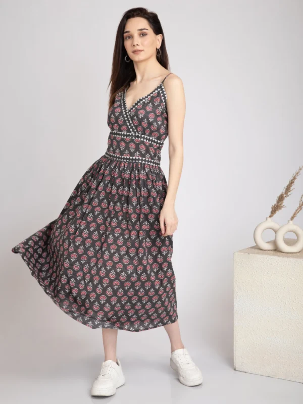 Black Slip Dress in block print Pure cotton-Boho Chic Midi