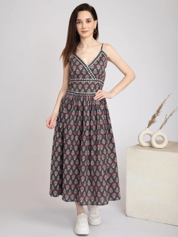 Black Slip Dress in block print Pure cotton-Boho Chic Midi - Image 3