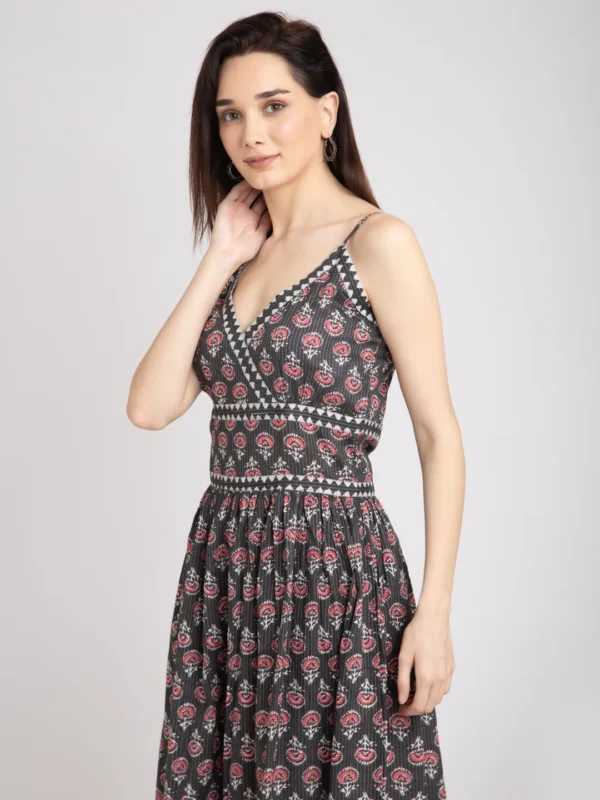 Black Slip Dress in block print Pure cotton-Boho Chic Midi - Image 5