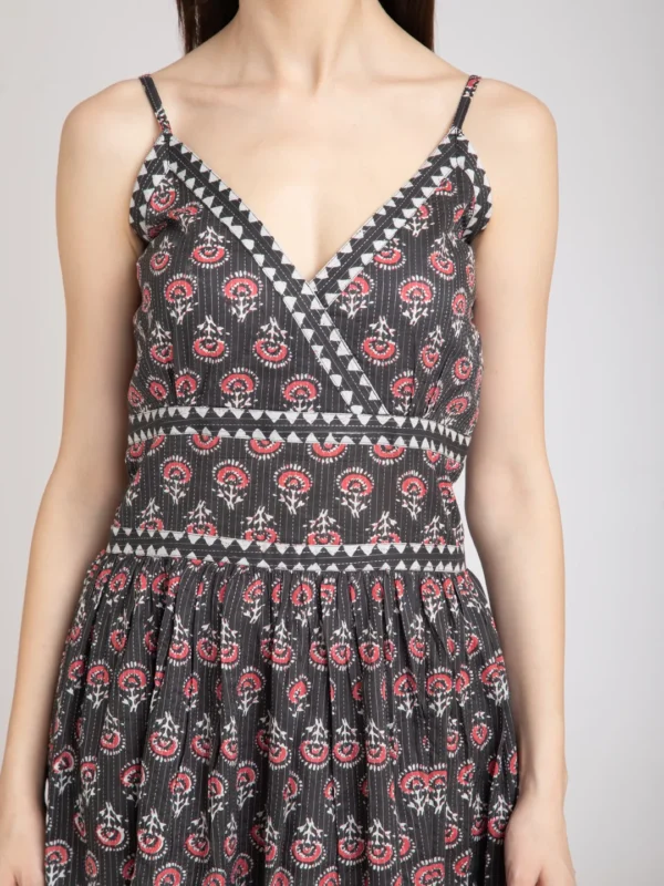 Black Slip Dress in block print Pure cotton-Boho Chic Midi - Image 2