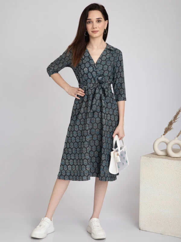 Hand Block Print A-Line Midi dress-Indigo Eco Dyed - Image 7