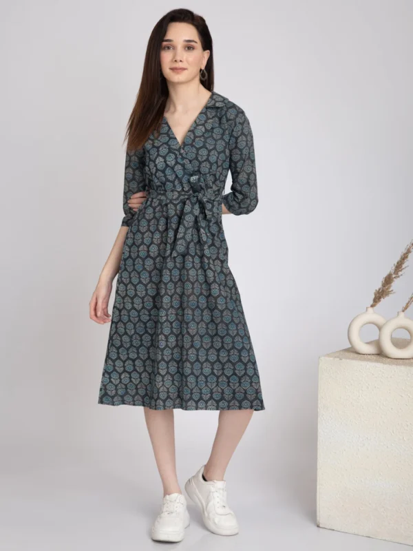 Hand Block Print A-Line Midi dress-Indigo Eco Dyed - Image 6