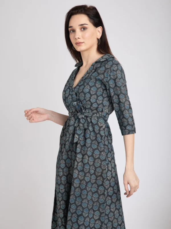 Hand Block Print A-Line Midi dress-Indigo Eco Dyed - Image 8