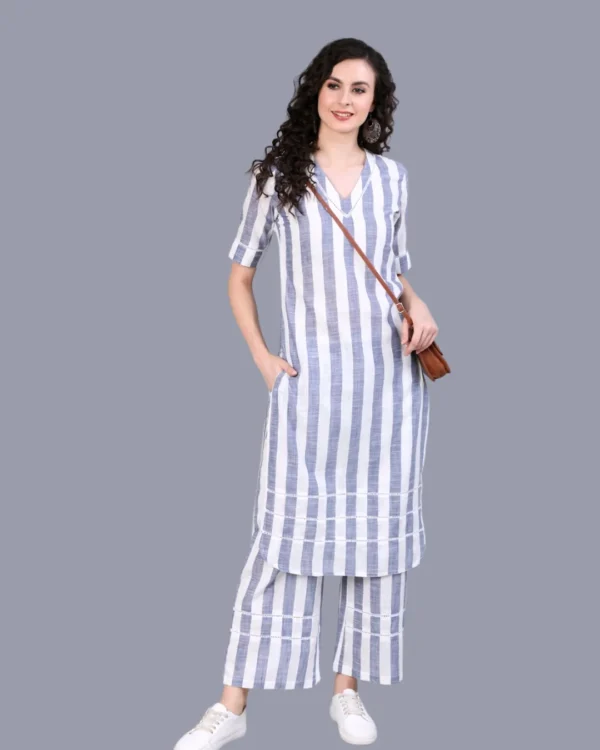 Long Tunic & Wide Leg Pant in Woven Striped Pure Cotton Summer Coordinate-Formal-Casual-Holiday