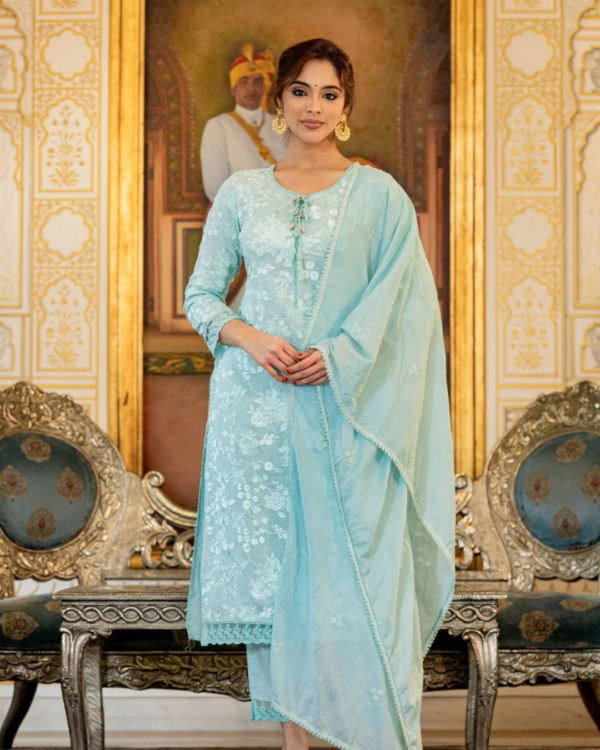 Straight Kurta Pants Dupatta Set-Sea Green Embroidered Pure Cotton Lined Kurta