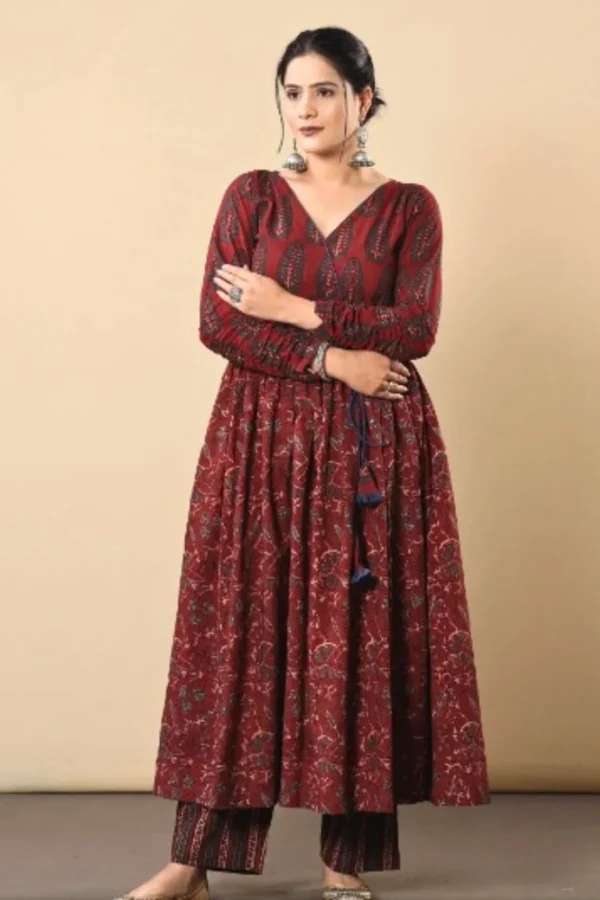 Maroon Pure Cotton Ajrakh Block Print Angrakha dress Kurta with Pants
