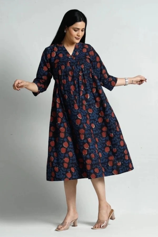 Floral Pure Cotton Midi-Hand Block Print-Eco Dyed Easy fit dress