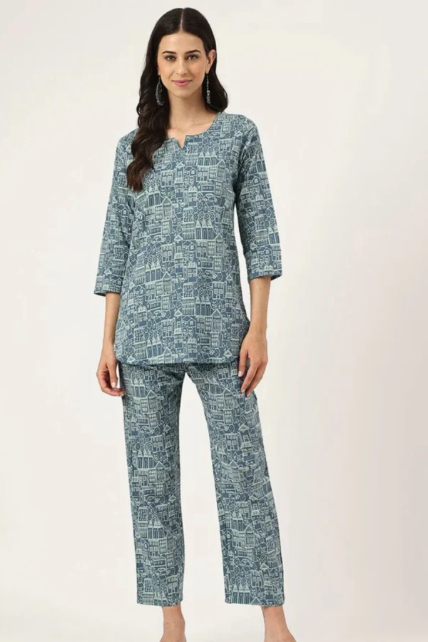 Pure Cotton Pyjama Set- Arty City Block Print Soft Cotton Summer Lounge Wear