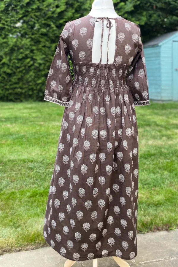 Marigold Hand Block Print Midi-Pure Cotton Ruched Cut Out Back-Earthy Brown Summer Dress