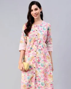Floral A-Line Kurta -Cotton Linen Blend Indian Tunic-Pocket