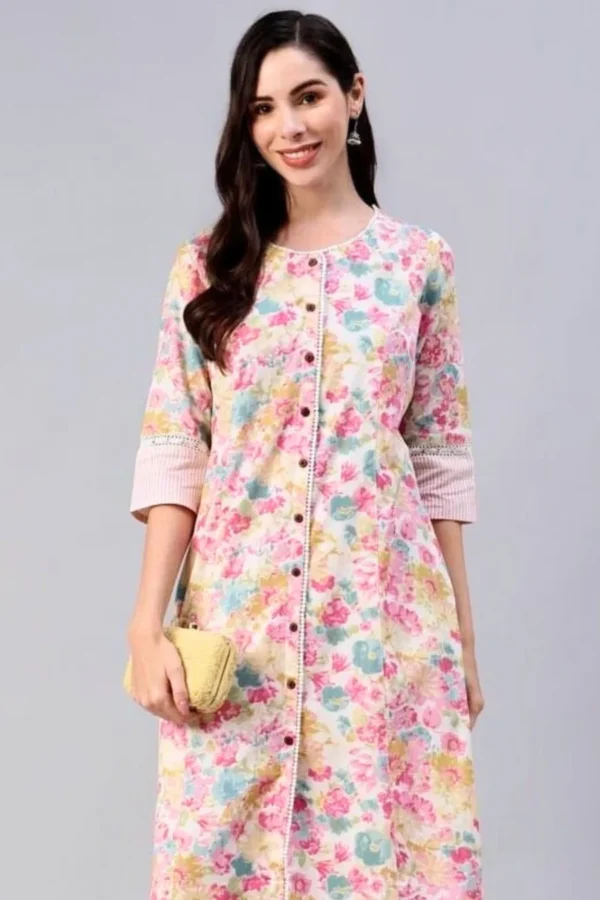 Floral A-Line Kurta -Cotton Linen Blend Indian Tunic-Pocket