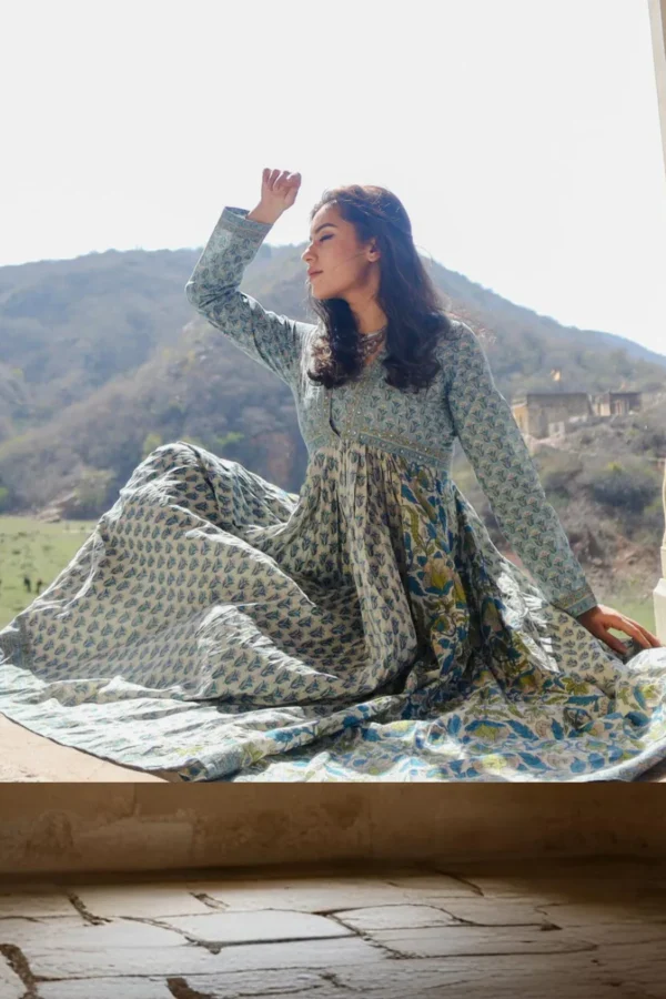 Empire Yoke 100% Cotton Long dress- Hand Block Print Boho Maxi dress