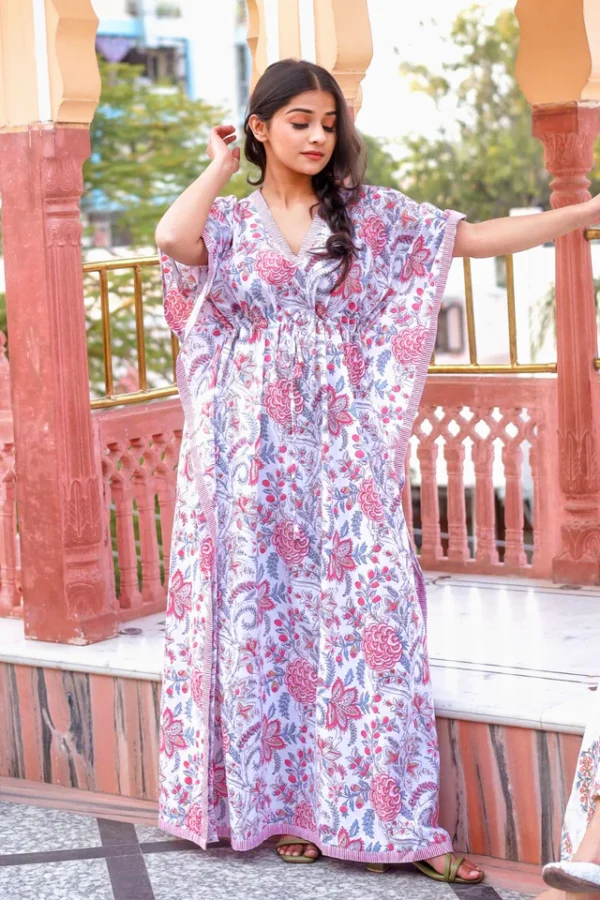 Floral Hand Block Print Kaftan-Pure Cotton White Summer Long Dress
