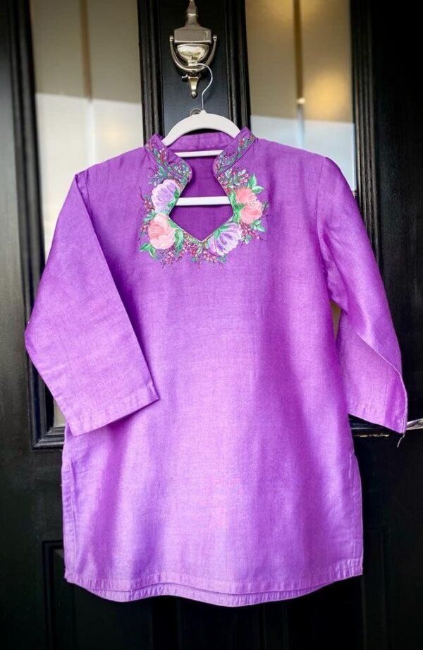 Hand Painted Tunic-Cotton Silk Handloom Fabric-Purple Short Kurta/Kurti-Lined - Image 2