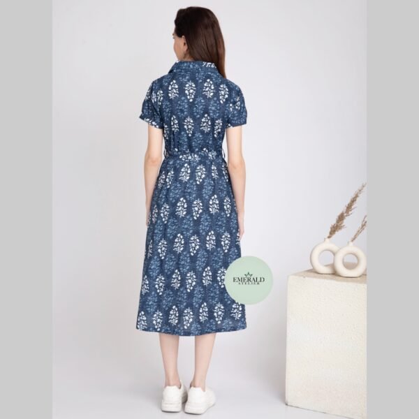 Pure Cotton Midi Dress Block Print Notch Collar-Belt Summer Shirt Dress - Image 7