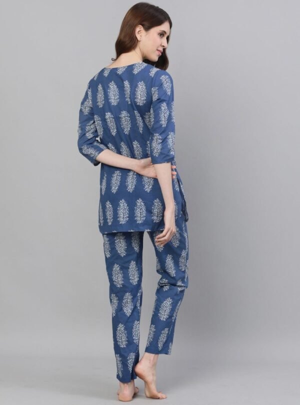 Pyjamas Set in Soft Pure Cotton Block Print Loungewear Blue Tunic Co-Ordinate - Image 6