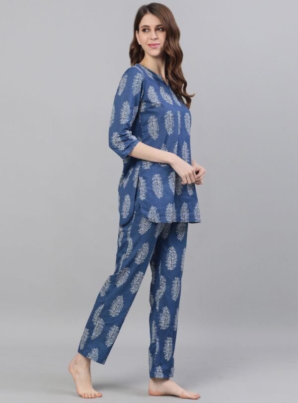 Pyjamas Set in Soft Pure Cotton Block Print Loungewear Blue Tunic Co-Ordinate - Image 5