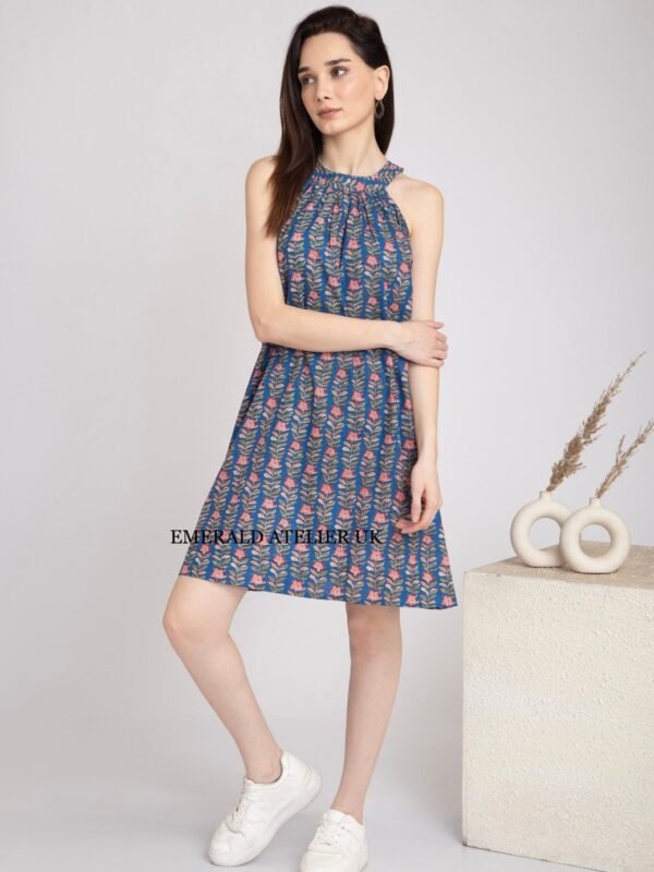 Floral Hand Block Print Halter Neck Dress Pure Cotton Summer Dress Resort-Sustainable - Image 5