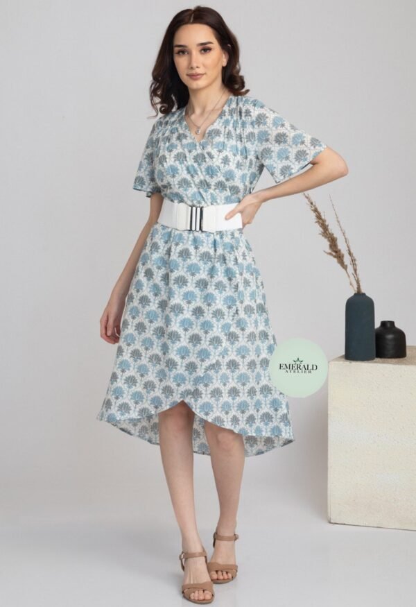 Midi Dress Pure Cotton Hand Block Fully Lined With Side Zipper Overlap Flared Half Sleeve - Image 2