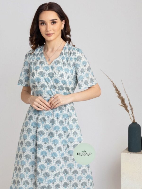 Midi Dress Pure Cotton Hand Block Fully Lined With Side Zipper Overlap Flared Half Sleeve