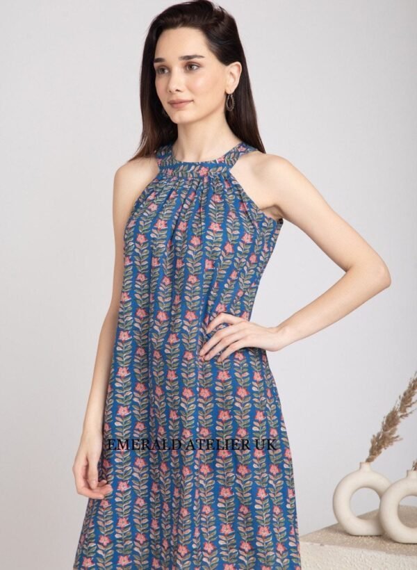 Floral Hand Block Print Halter Neck Dress Pure Cotton Summer Dress Resort-Sustainable