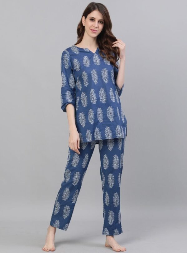 Pyjamas Set in Soft Pure Cotton Block Print Loungewear Blue Tunic Co-Ordinate - Image 2