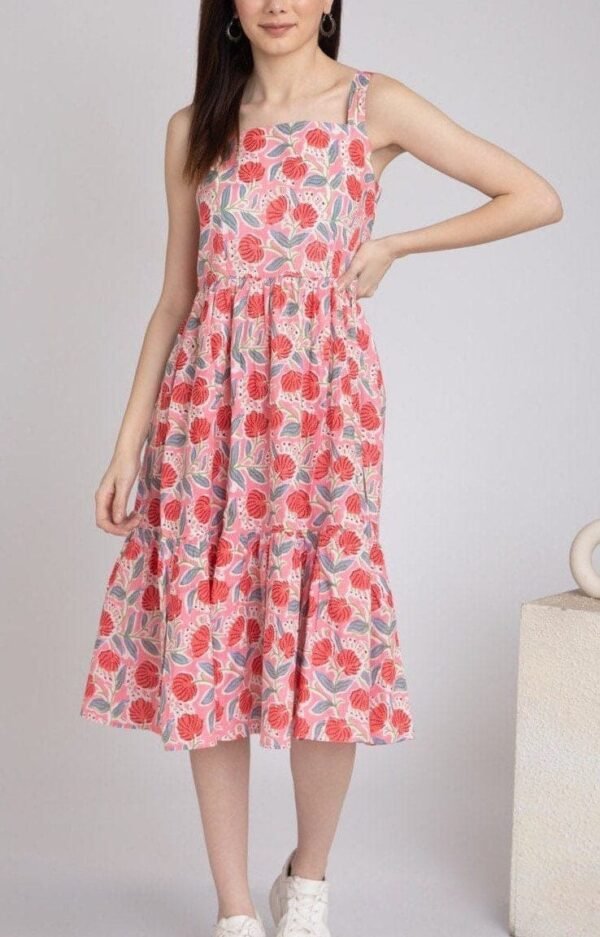 Floral Hand Block Print Dress In Pure Cotton