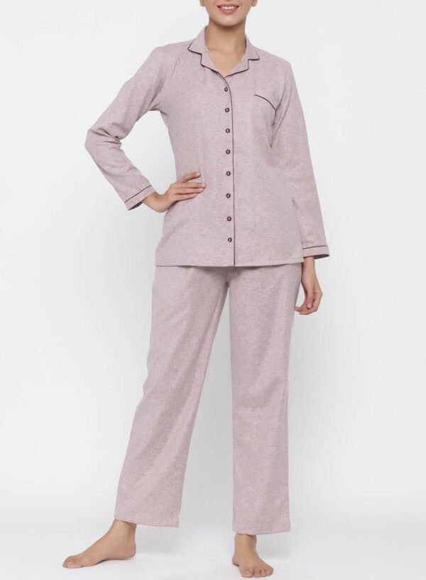 Pink Pyjama Set Shirt Collar Top Elastic Waist Pyjama Loungewear Pockets - Image 3