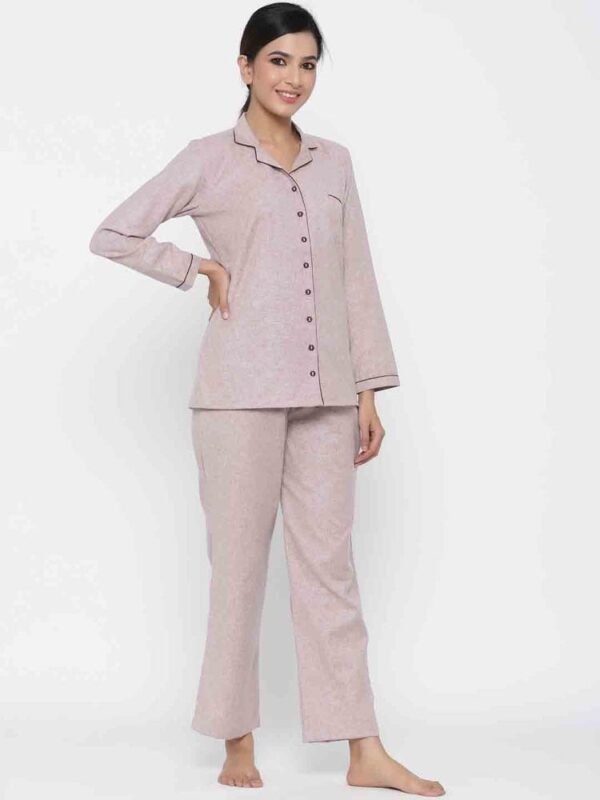 Pink Pyjama Set Shirt Collar Top Elastic Waist Pyjama Loungewear Pockets - Image 5