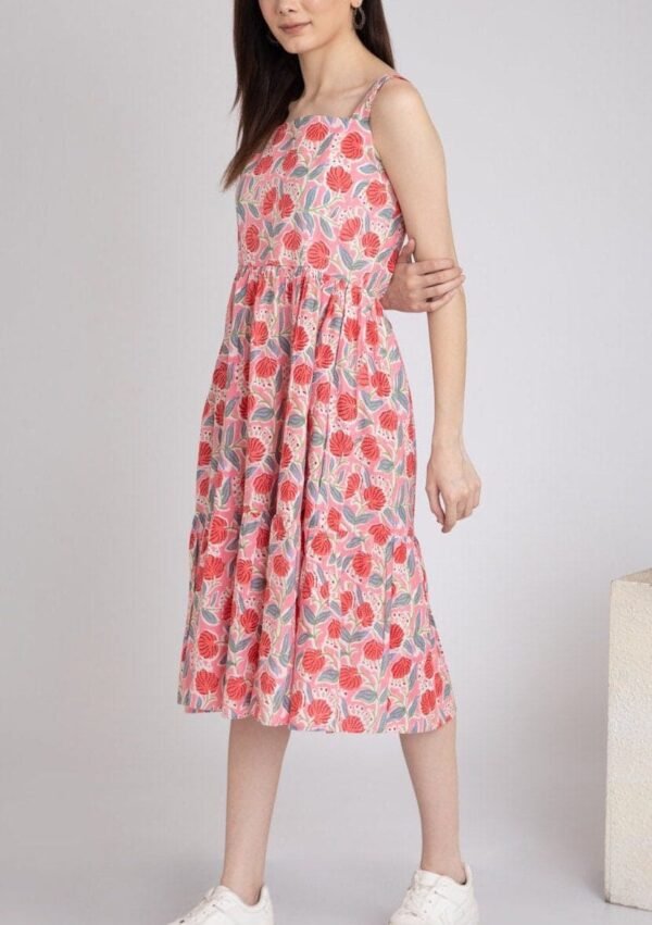 Floral Hand Block Print Dress In Pure Cotton - Image 2