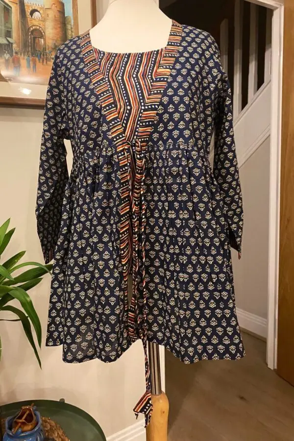 Pure cotton tunic top for women blue hand block print.