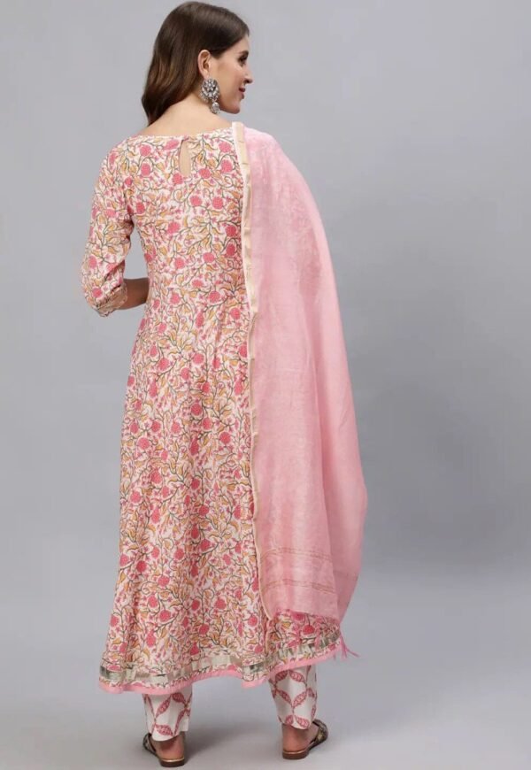 Anarkali Kurta set Floral Hand Block Print Pure Cotton-Ethnic Indian Flared Dress-Trousers-Dupatta - Image 5