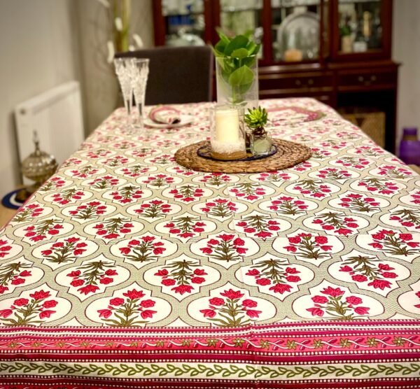 Floral Block Printed Table Cloth Napkins Set Pure Cotton