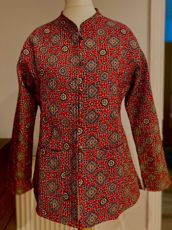 Reversible Quilted Cotton Jacket Vintage Brick Red Ethnic Block Print ) Full Sleeve With Pockets - Image 2