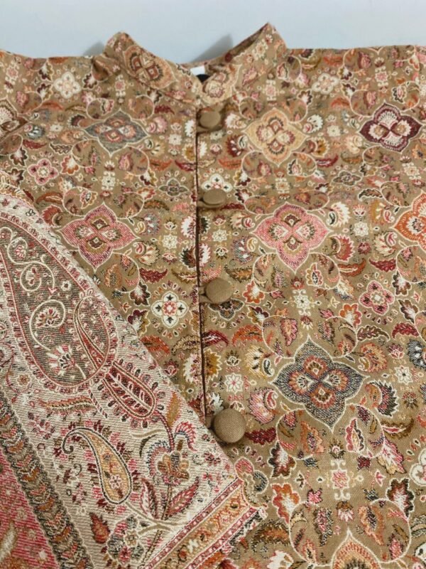 Beige Long Woollen Coat Winter Jacket Heritage Pattern Paisley Border Kani Weave Kashmiri Women's Coat - Image 2