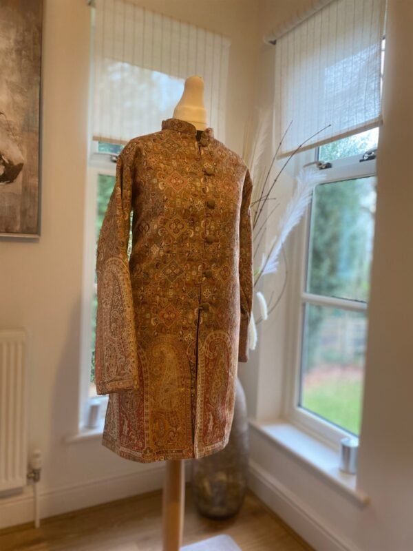 Beige Long Woollen Coat Winter Jacket Heritage Pattern Paisley Border Kani Weave Kashmiri Women's Coat - Image 3