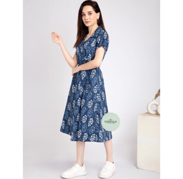 Pure Cotton Midi Dress Block Print Notch Collar-Belt Summer Shirt Dress - Image 4